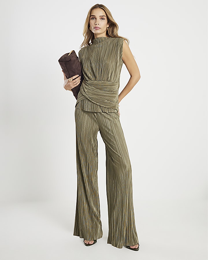 Green Plisse Wide Leg Trousers