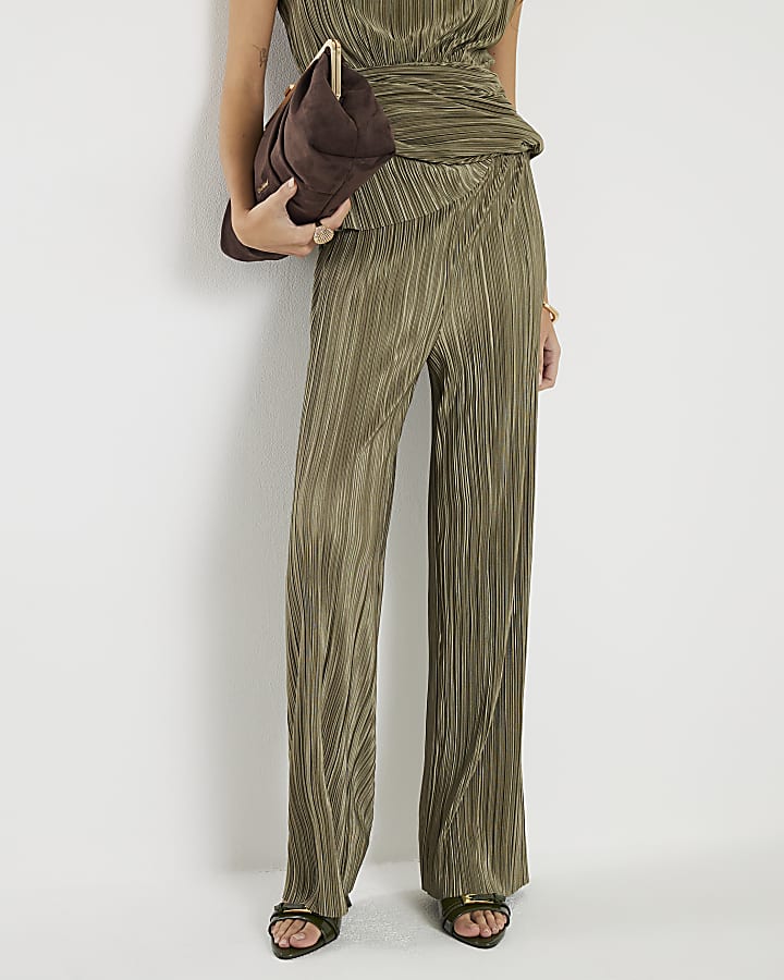 Green Plisse Wide Leg Trousers