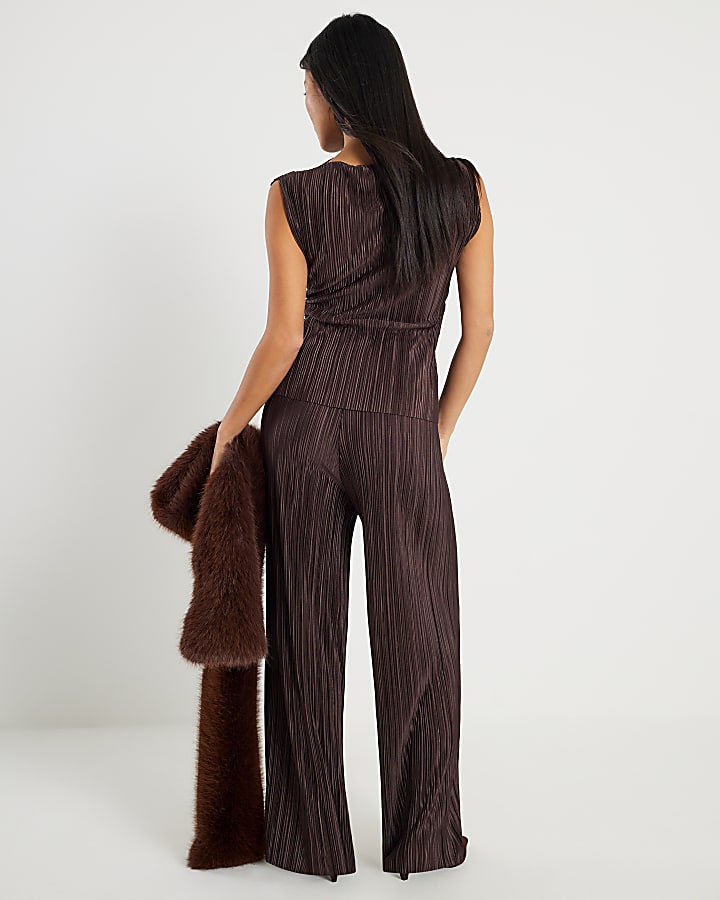 Petite Brown Plisse Wide Leg Trousers