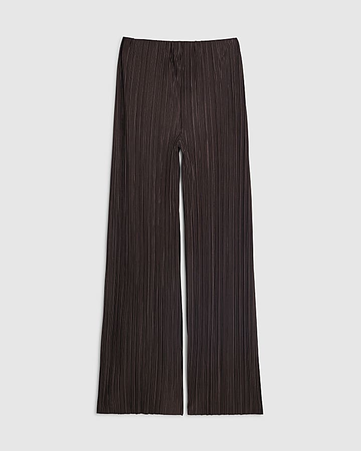 Petite Brown Plisse Wide Leg Trousers