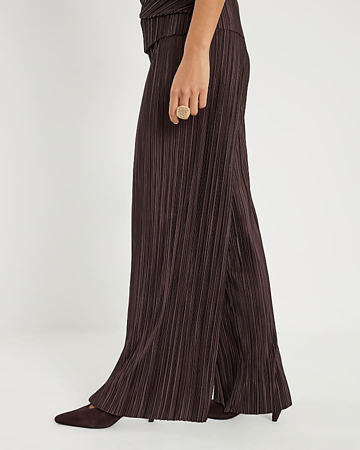 Petite Brown Plisse Wide Leg Trousers