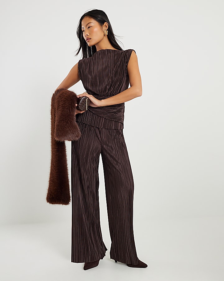Petite Brown Plisse Wide Leg Trousers