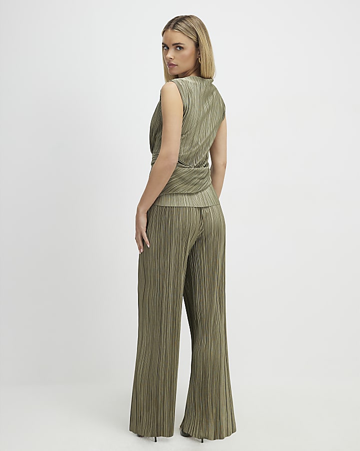 Petite Green Plisse Wide Leg Trousers