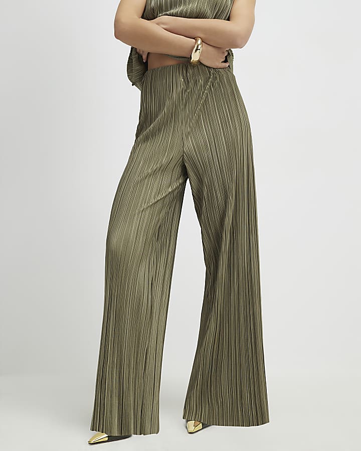 Petite Green Plisse Wide Leg Trousers