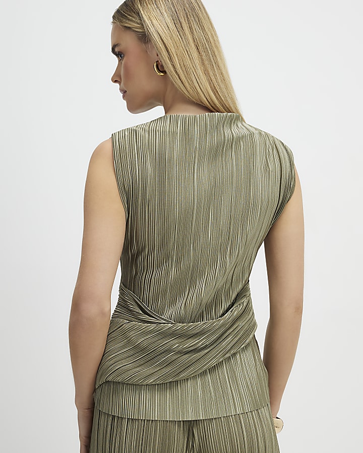 Petite Green Plisse Sleeveless Wrap Top