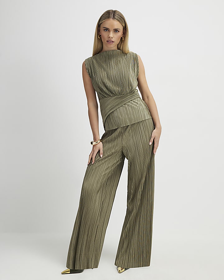 Petite Green Plisse Sleeveless Wrap Top