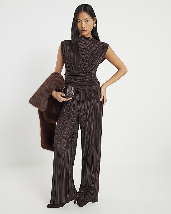 Petite Brown Plisse Wrap Top