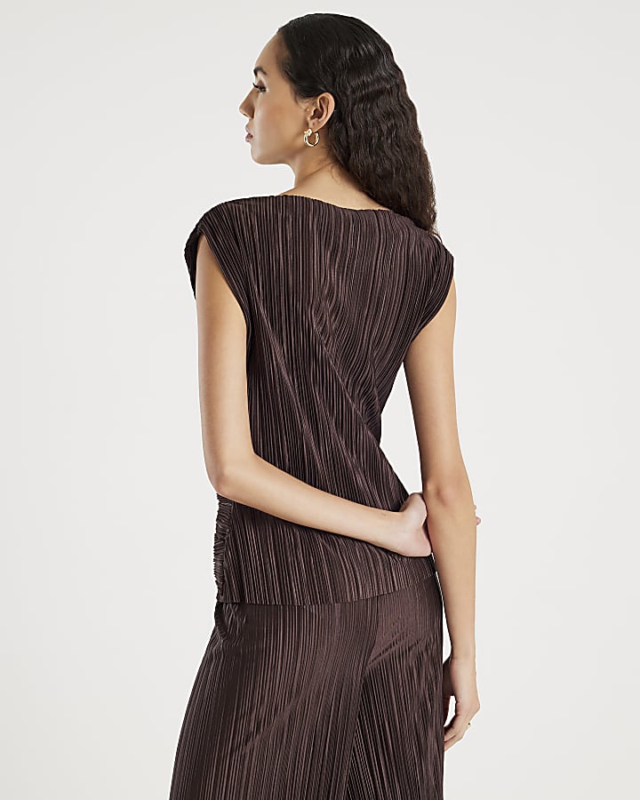 Brown Plisse Sleeveless Wrap Top