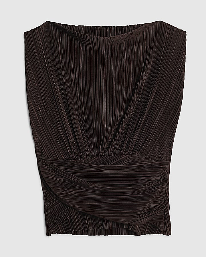 Brown Plisse Sleeveless Wrap Top