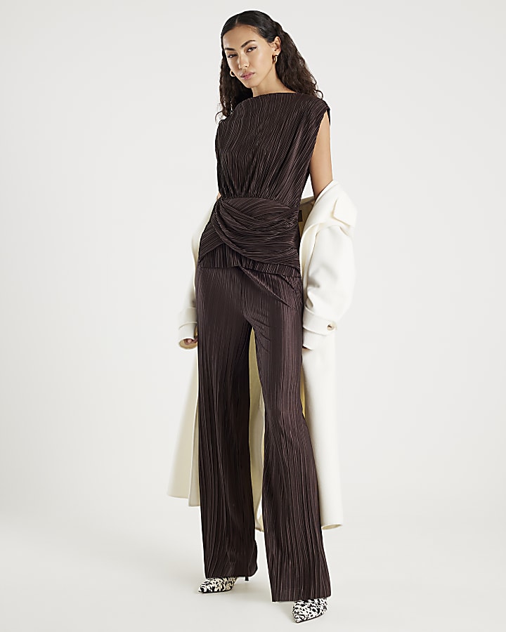 Brown Plisse Sleeveless Wrap Top