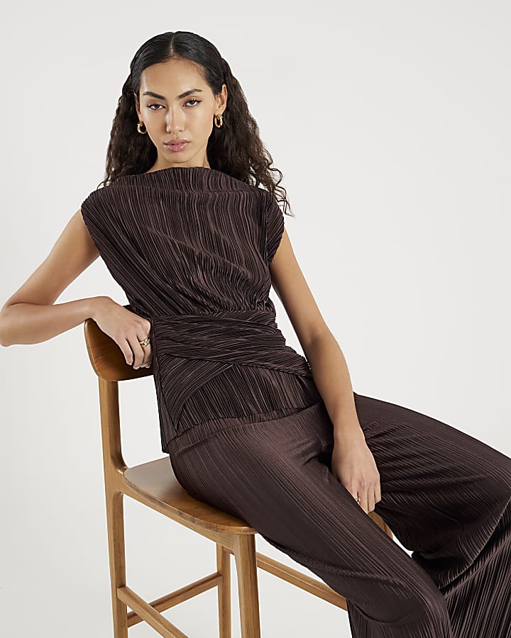 Brown Plisse Sleeveless Wrap Top