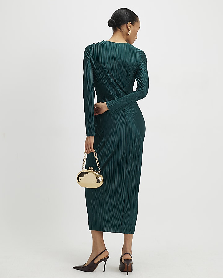 Green Plisse Buckle Detail Midi Dress
