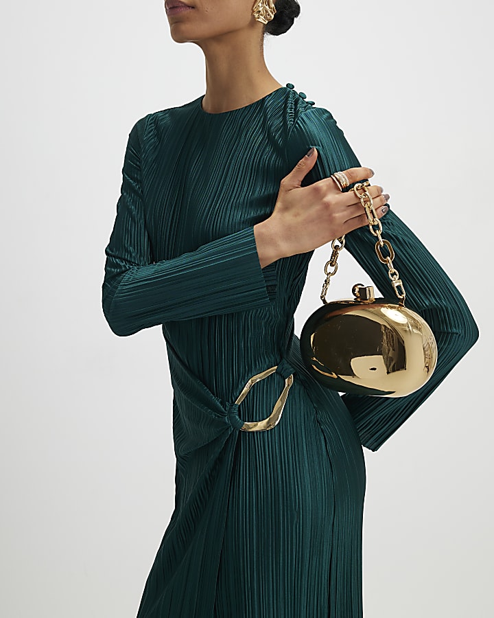 Green Plisse Buckle Detail Midi Dress