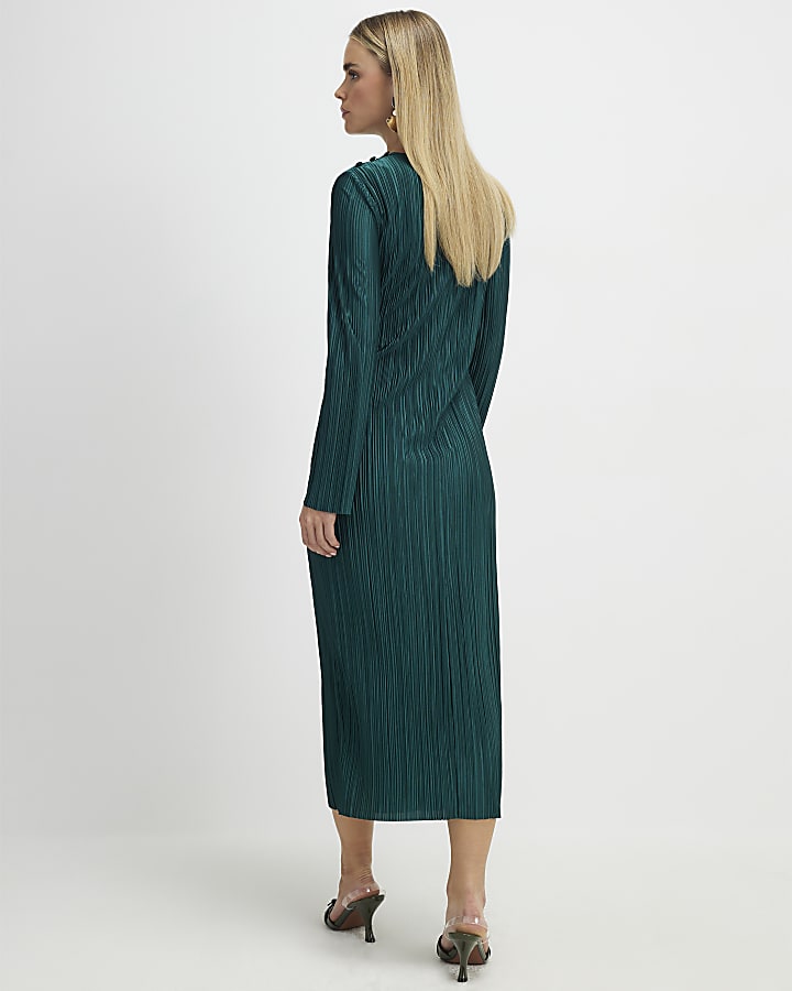 Petite Green Plisse Buckle Detail Midi Dress