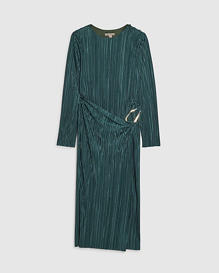 Petite Green Plisse Buckle Detail Midi Dress