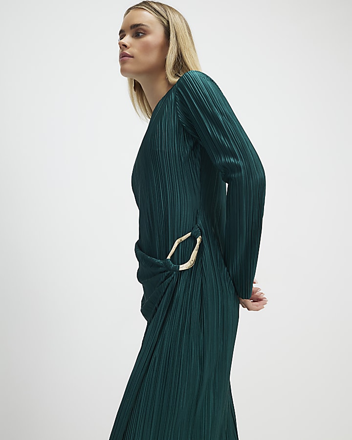 Petite Green Plisse Buckle Detail Midi Dress