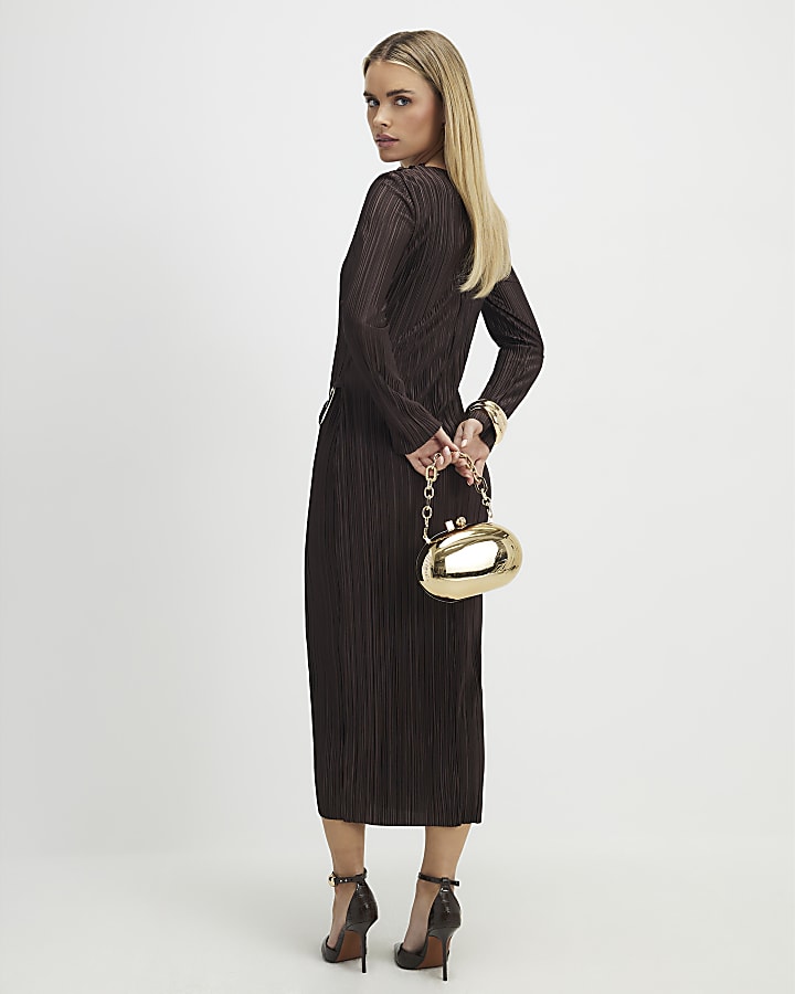 Petite Brown Plisse Buckle Detail Midi Dress