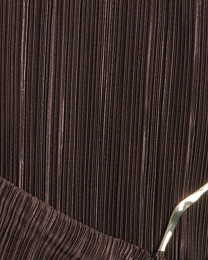 Petite Brown Plisse Buckle Detail Midi Dress