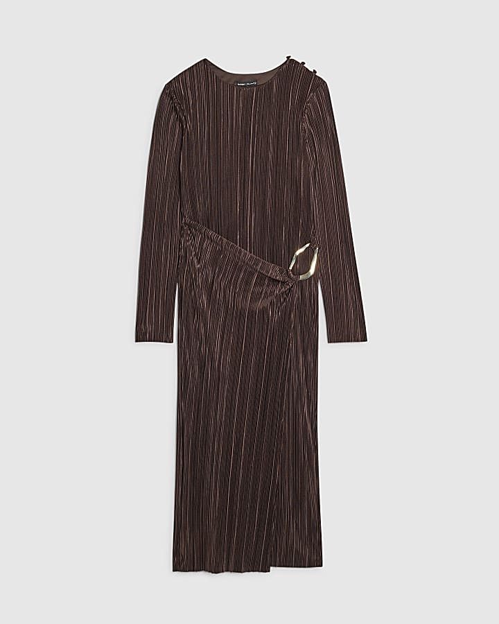 Petite Brown Plisse Buckle Detail Midi Dress