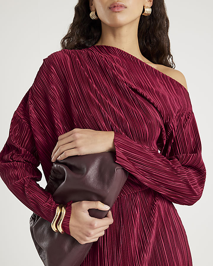 Red Plisse Long Sleeve Midi Dress