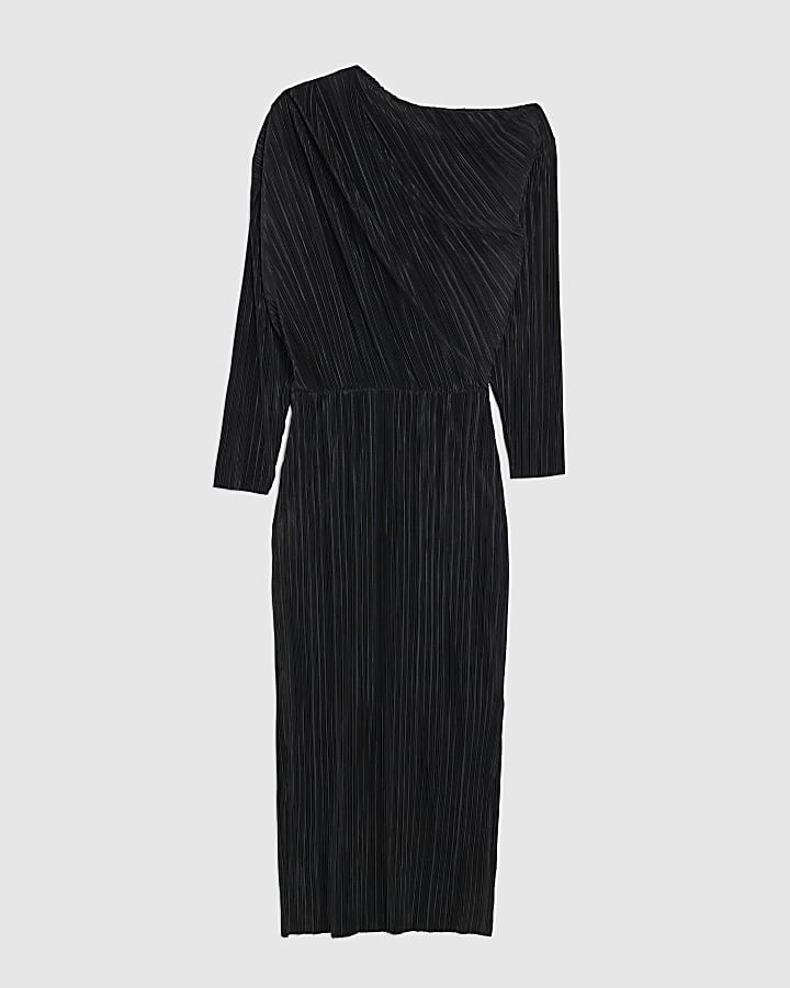 Black Plisse Long Sleeve Midi Dress