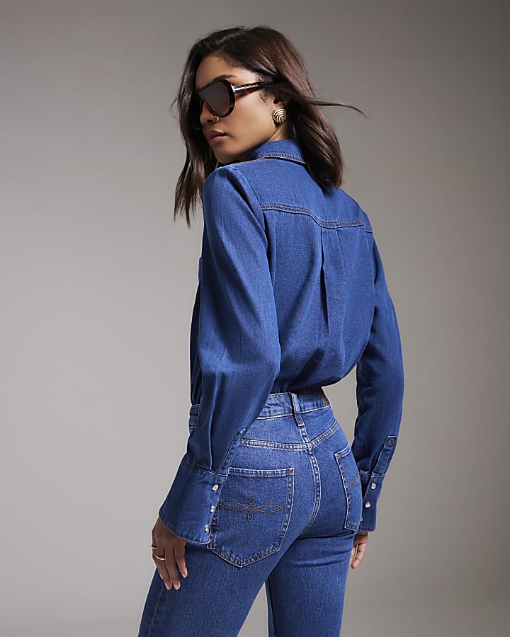Blue Shoulder Pad Denim Bodysuit