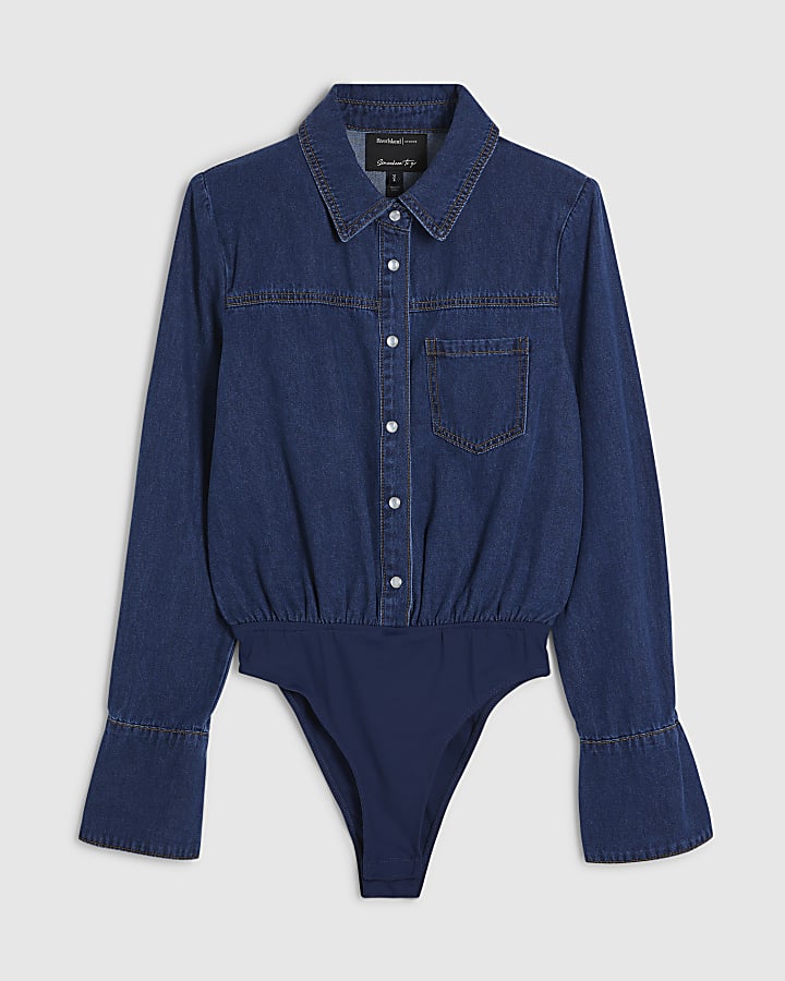 Blue Shoulder Pad Denim Bodysuit