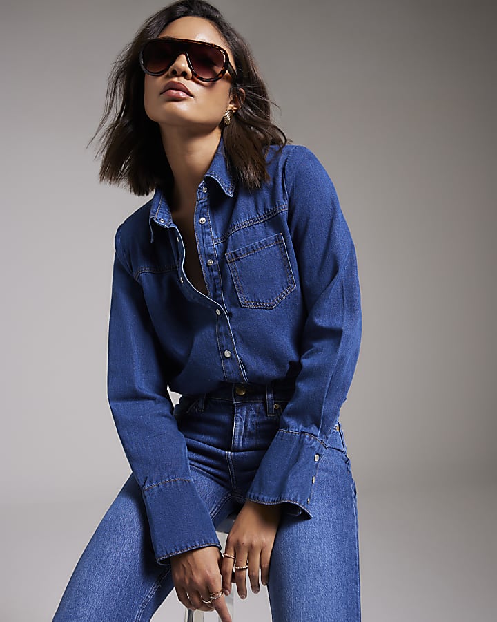 Blue Shoulder Pad Denim Bodysuit