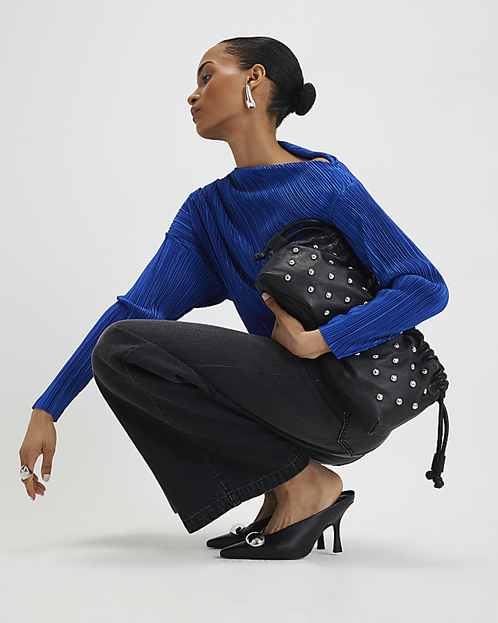 Blue Long Sleeve Plisse Asymmetric Drape Top