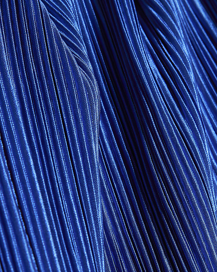 Blue Long Sleeve Plisse Asymmetric Drape Top