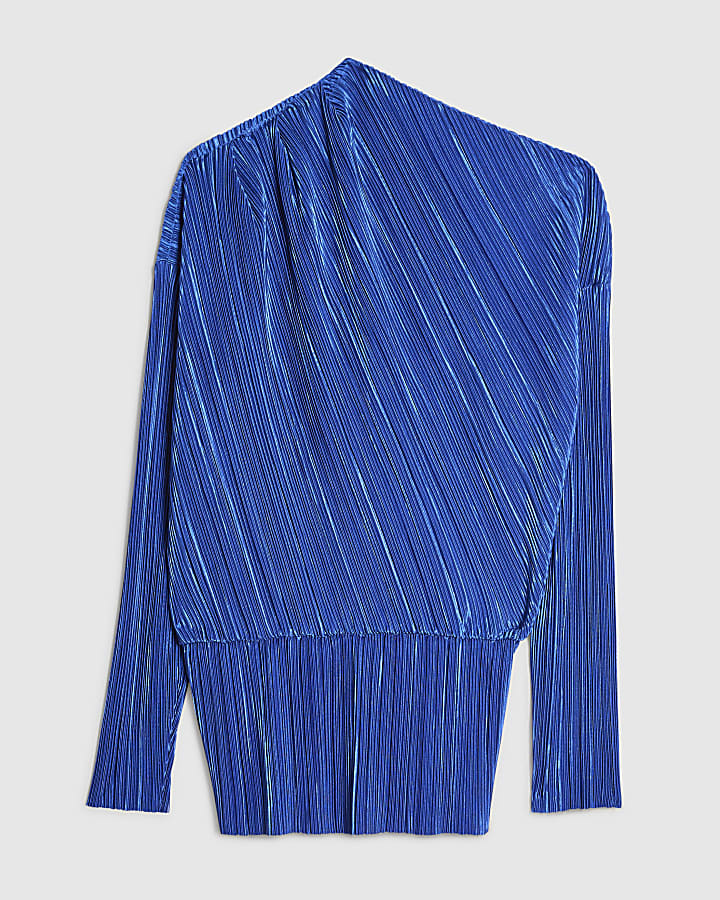 Blue Long Sleeve Plisse Asymmetric Drape Top