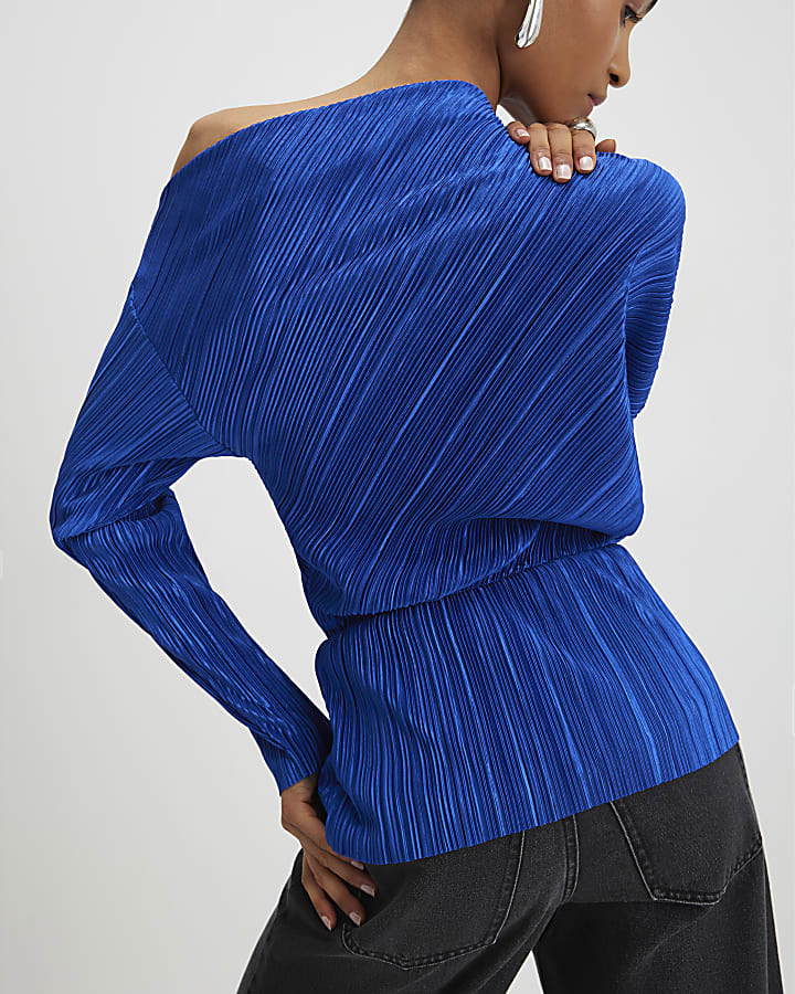 Blue Long Sleeve Plisse Asymmetric Drape Top