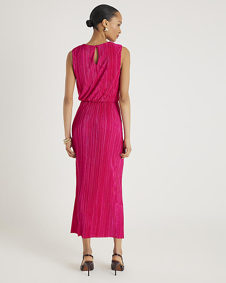 Pink Plisse Knot Side Midi Dress