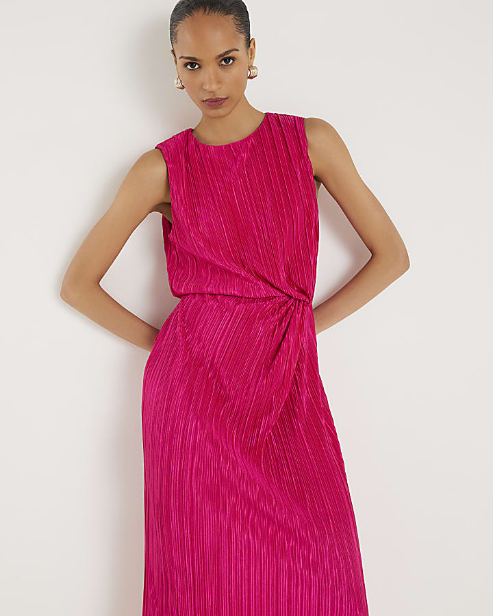 Pink Plisse Knot Side Midi Dress