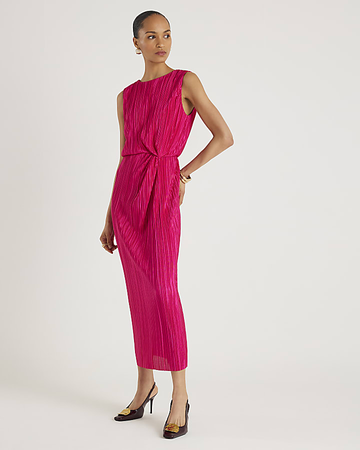 Pink Plisse Knot Side Midi Dress