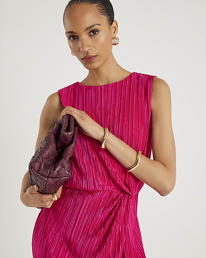 Pink Plisse Knot Side Midi Dress