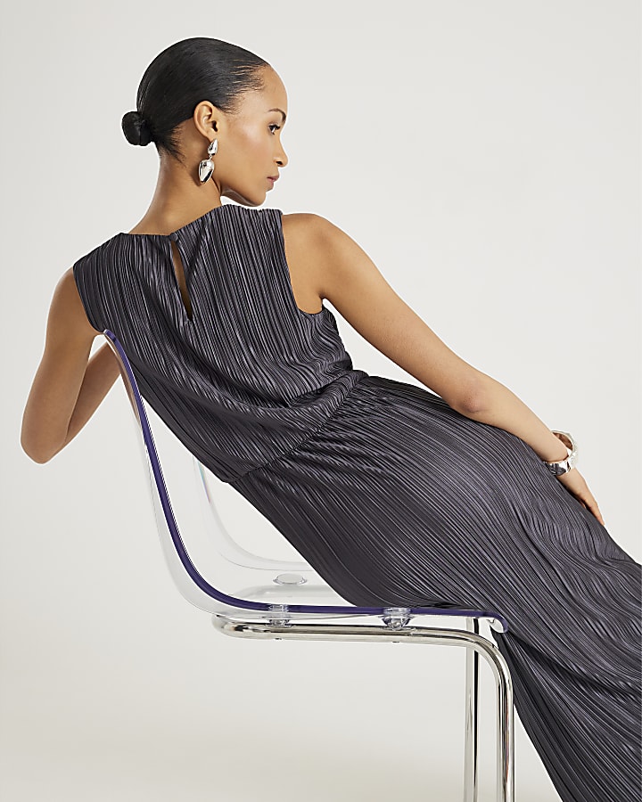 Grey Plisse Knot Side Midi Dress