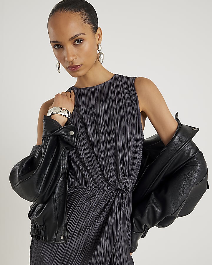 Grey Plisse Knot Side Midi Dress
