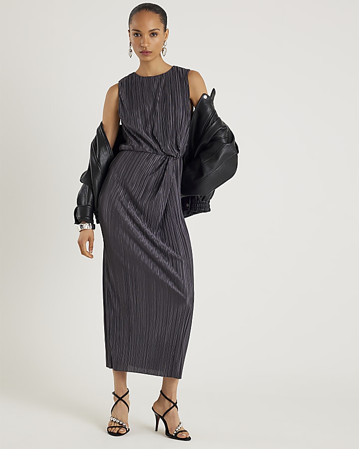Grey Plisse Knot Side Midi Dress