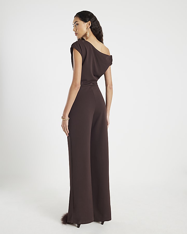 Brown Short Sleeve Asymmetric Drape Jumpsuit