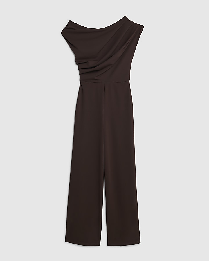 Brown Short Sleeve Asymmetric Drape Jumpsuit