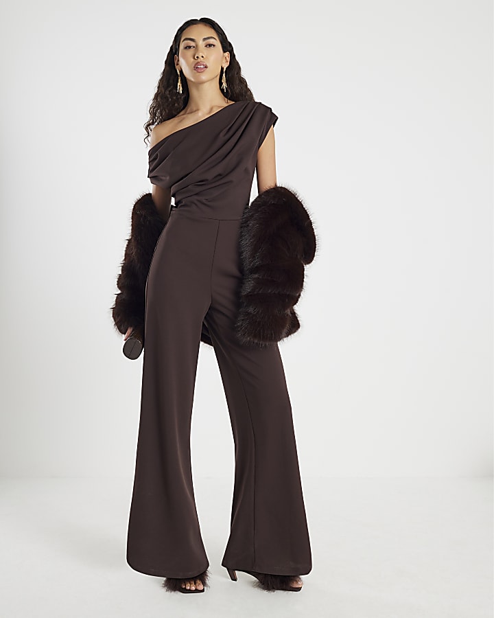 Brown Short Sleeve Asymmetric Drape Jumpsuit