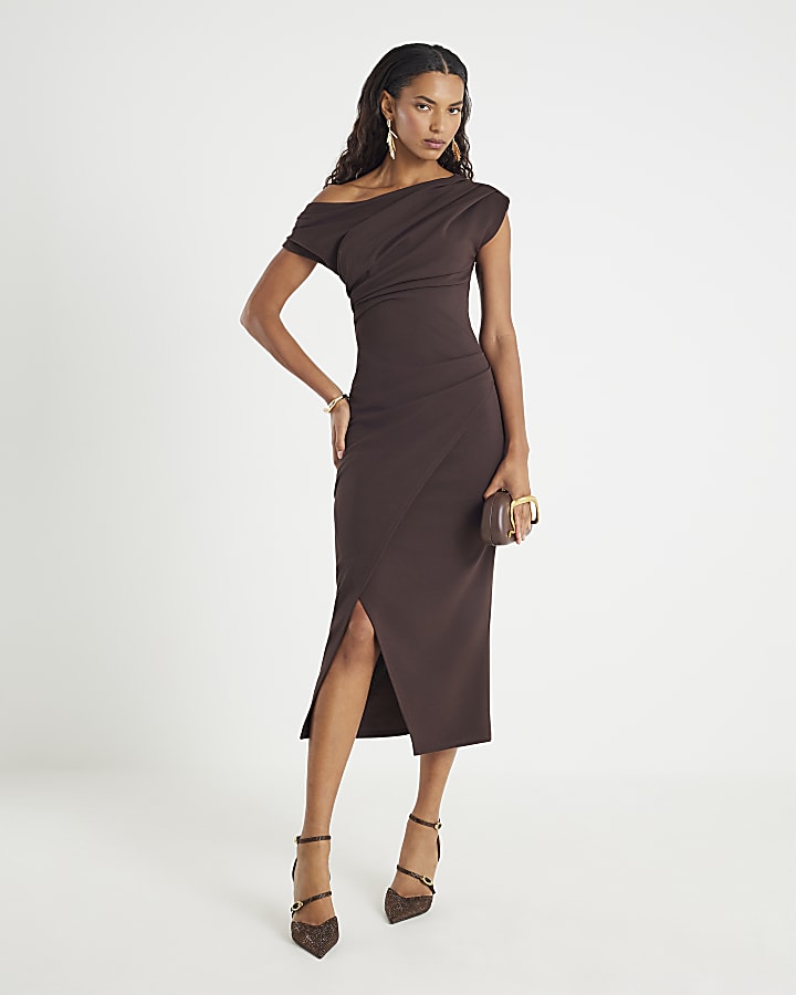 Brown Asymmetric Drape Wrap Midi Dress