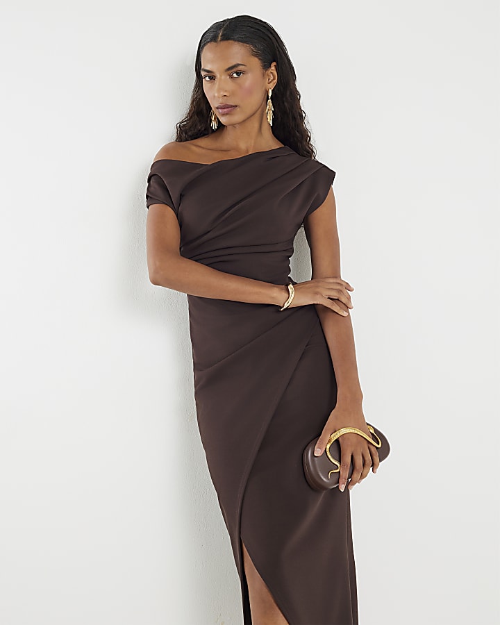 Brown Asymmetric Drape Wrap Midi Dress
