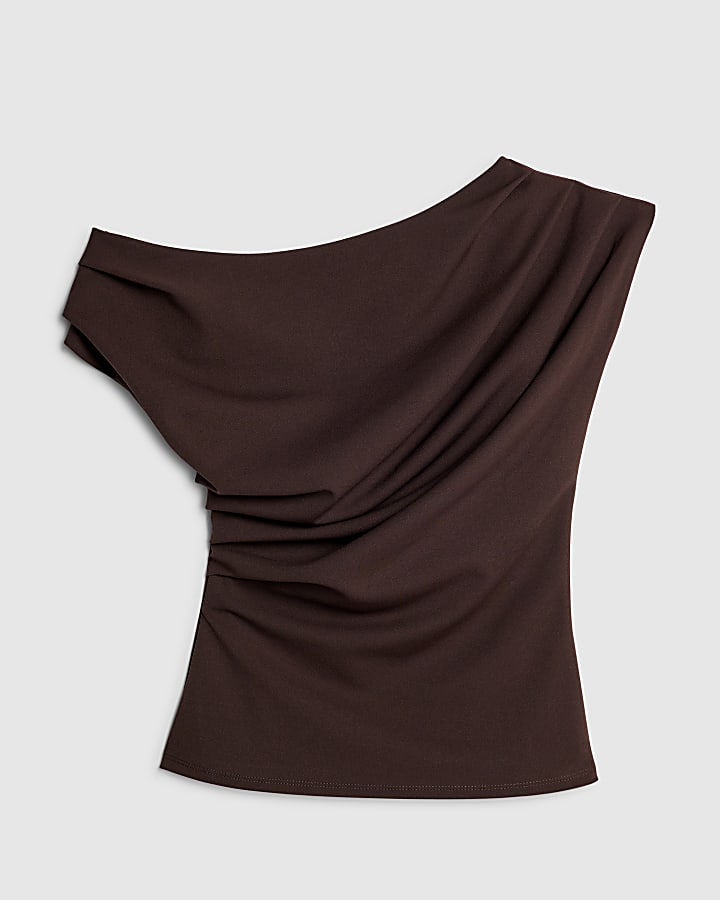 Brown Short Sleeve Off Shoulder Drape Top