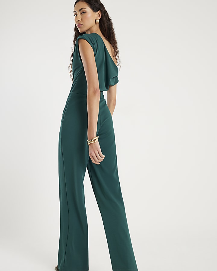 Green Short Sleeve Asymmetric Drape Jumpsuit