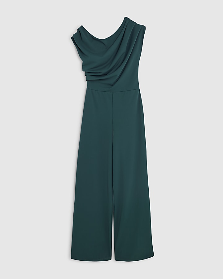 Green Short Sleeve Asymmetric Drape Jumpsuit