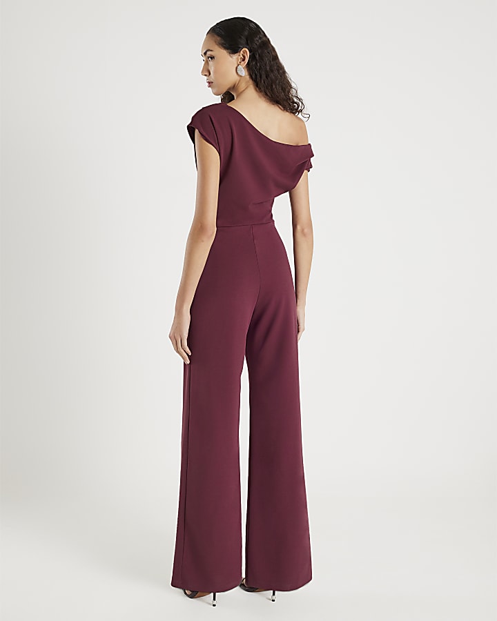 Purple Short Sleeve Asymmetric Drape Jumpsuit