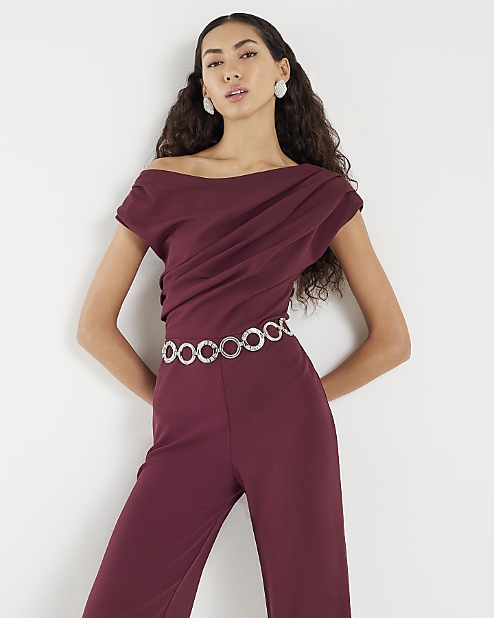 Purple Short Sleeve Asymmetric Drape Jumpsuit