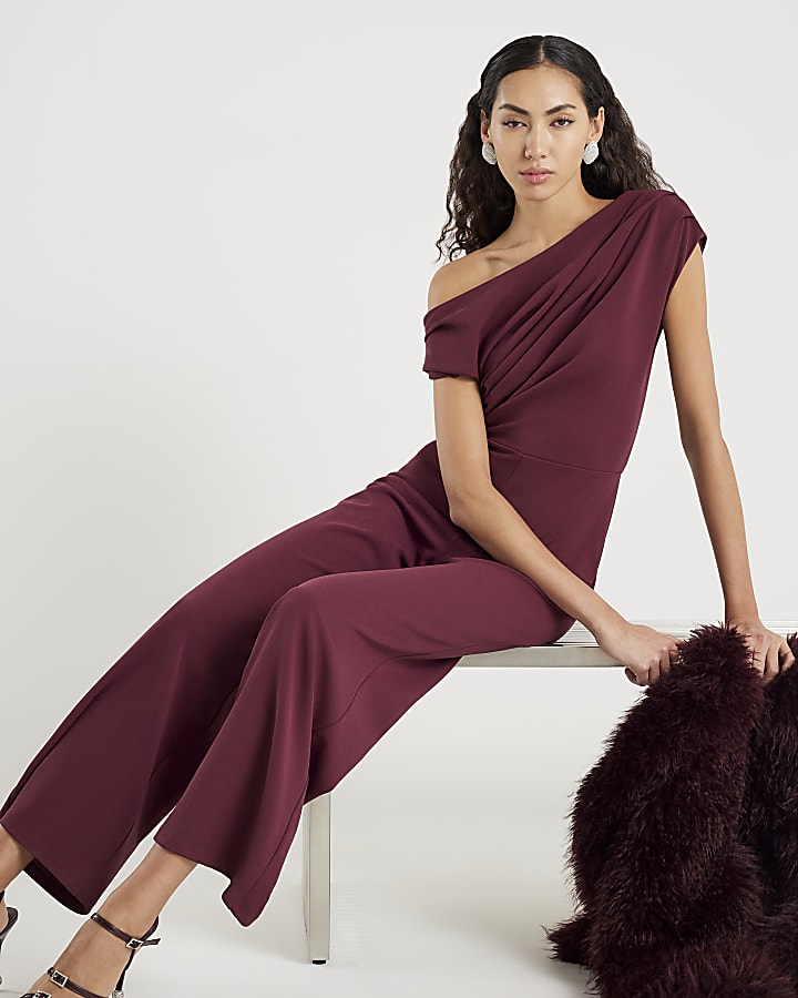Purple Short Sleeve Asymmetric Drape Jumpsuit